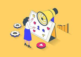 Social media marketing concept in 3d isometric design. Woman making business promotion online and attracting followers with new content. Vector illustration with isometry people scene for web graphic