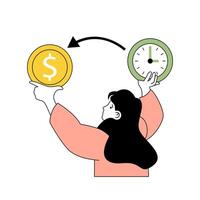 Time management concept with cartoon people in flat design for web. Woman successfully finishing project tasks and earning money. Vector illustration for social media banner, marketing material.