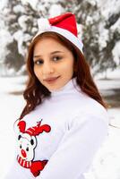 pretty young woman in winter park, red haired girl in the park in winter photo