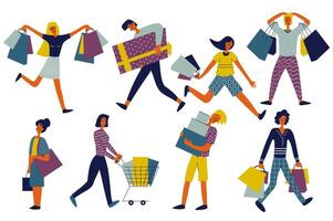 personas compras conjunto en plano personaje diseño para web. haz personas de diferente mujer y hombres con bolsas, cajas y supermercado carritos haciendo compras y ordenando en tiendas vector ilustración.