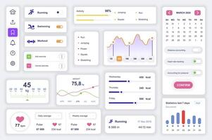 User interface elements set for fitness mobile app. Kit template with HUD diagrams, running, swimming, workout information, training monitoring charts. Pack of UI, UX, GUI screens. Vector components.