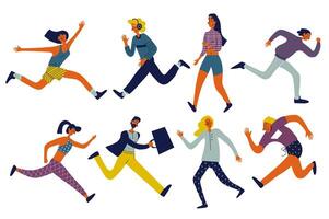 People running set in flat character design for web. Bundle persons of different women and men run fast, hurrying and rushing forward, jogging and doing training for marathon. Vector illustration.