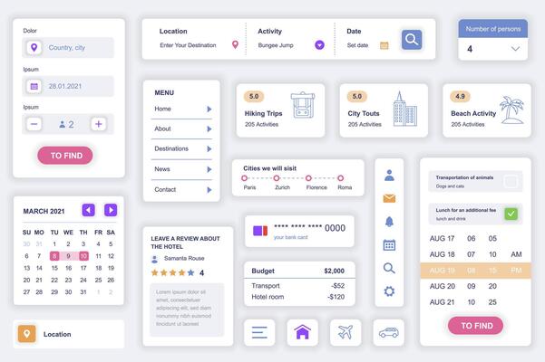 User interface elements set for travel agency mobile app. Kit template with HUD diagrams, destination, calendar, location, hiking trip, tour activity. Pack of UI, UX, GUI screens. Vector components.