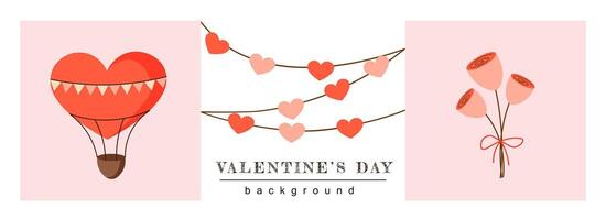 Valentine Day horizontal web banner. Hot air balloon with heart shape, romantic garland for party and rose flowers bouquet. Vector illustration for header website, cover templates in modern design