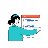 Programming concept with cartoon people in flat design for web. Woman coding and engineering apps, testing and fixing product code. Vector illustration for social media banner, marketing material.