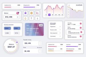 User interface elements set for mobile banking app. Kit template with HUD diagrams, financial management, navigation, limit information, credit card. Pack of UI, UX, GUI screens. Vector components.