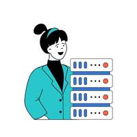 Programming concept with cartoon people in flat design for web. Woman working as tech engineer and monitoring of server rack room. Vector illustration for social media banner, marketing material.