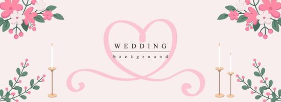 Wedding horizontal web banner. Abstract flower bouquets, candles with heart shape pink ribbon. Romance marriage invitation. Vector illustration for header website, cover templates in modern design