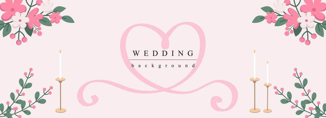 Wedding horizontal web banner. Abstract flower bouquets, candles with heart shape pink ribbon. Romance marriage invitation. Vector illustration for header website, cover templates in modern design