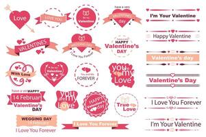 Valentine Day banners mega set in flat design. Bundle elements of romantic inscriptions and quotes on ribbons, labels, border frames, dividers decoration. Vector illustration isolated graphic objects