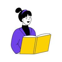 Book reading concept with cartoon people in flat design for web. Woman learning with textbook, searching information at encyclopedia. Vector illustration for social media banner, marketing material.
