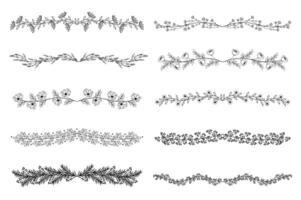 Black flower borders mega set in flat design. Bundle elements of elegant line ink contour floral dividers and silhouette laurel branches with leaves. Vector illustration isolated graphic objects