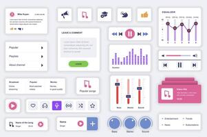 User interface elements set for music mobile app. Kit template with HUD diagrams, player button, playlists, broadcasting, equalizer setting, account. Pack of UI, UX, GUI screens. Vector components.