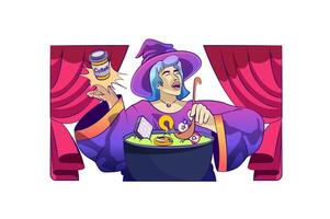 Creative process concept with people scene in flat cartoon design for web. Witch creates metaphor potion in cauldron, finds new ideas. Vector illustration for social media banner, marketing material.