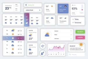 User interface elements set for weather mobile app. Kit template with HUD diagrams, meteorology forecast, temperature, sun, cloud and rain elements. Pack of UI, UX, GUI screens. Vector components.