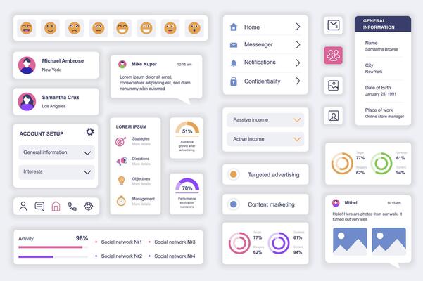 User interface elements set for social media mobile app. Kit template with HUD diagrams, profile information, emoticons, account setup, statistics. Pack of UI, UX, GUI screens. Vector components.