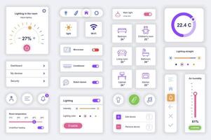 User interface elements set for smart home mobile app. Kit template with HUD diagrams, security control, monitoring temperature, electricity, lighting. Pack of UI, UX, GUI screens. Vector components.