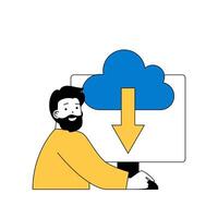 Cloud computing concept with cartoon people in flat design for web. Man downloading data from online storage server to computer. Vector illustration for social media banner, marketing material.