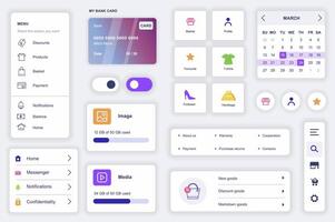 User interface elements set for shopping mobile app. Kit template with HUD diagrams, profile information, credit card payment, basket, search products. Pack of UI, UX, GUI screens. Vector components.