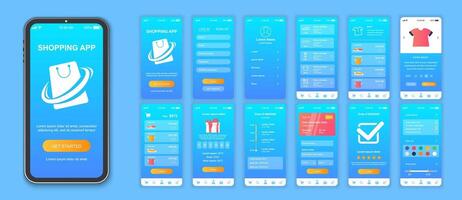 Shopping mobile app interface screens template set. Online account, assortment goods, price and info, ordering, payment, tracking. Pack of UI, UX, GUI kit for application web layout. Vector design.