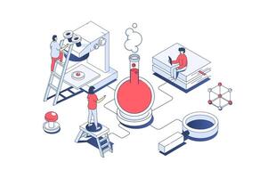 Science laboratory concept in 3d isometric design. Scientific team making chemicals tests in flasks, researching liquid in lab tubes. Vector illustration with isometry people scene for web graphic