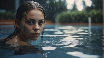 ai generado retrato de un bonito niña en el piscina, mojado retrato, mojado gir en el piscina, mujer es nadando en el piscina foto