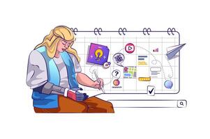 Planning concept with people scene in flat cartoon design for web. Woman analyzing data, creates strategy for project at presentation. Vector illustration for social media banner, marketing material.