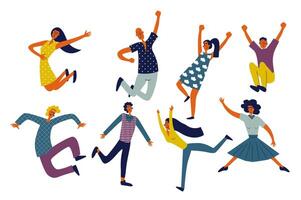 People jumping set in flat character design for web. Bundle persons of different excited women and men jumping and celebrating success and victory, having positive energetic. Vector illustration.