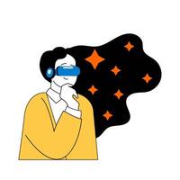 Virtual reality concept with cartoon people in flat design for web. Man in VR headset exploring space with starry night simulation. Vector illustration for social media banner, marketing material.