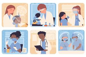 Medical service concept with people situation set in flat web design. Bundle scenes with multiethnic diverse characters of pediatrician or dentist help, laboratory, vaccination. Vector illustrations.