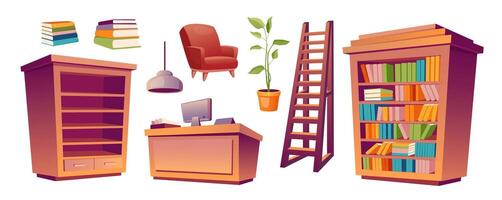 Library furniture mega set in cartoon graphic design. Bundle elements of bookshelf, stack of books, armchair, desk with computer, ladder, lamp, plant, bookcases. Vector illustration isolated objects