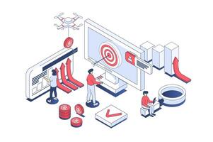 Business strategy concept in 3d isometric design. Employees analyzing data graphs, achieving goals, targeting and developing company. Vector illustration with isometry people scene for web graphic