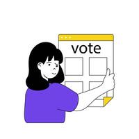Online voting concept with cartoon people in flat design for web. Woman takes part in election process and filling ballot list form. Vector illustration for social media banner, marketing material.
