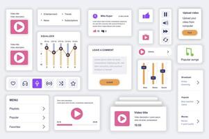 User interface elements set for video tube mobile app. Kit template with HUD diagrams, player button, streaming platform, equalizer, playlist, rating. Pack of UI, UX, GUI screens. Vector components.