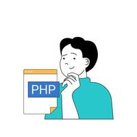 Programming concept with cartoon people in flat design for web. Man working with php code, engineering products and makes optimization. Vector illustration for social media banner, marketing material.