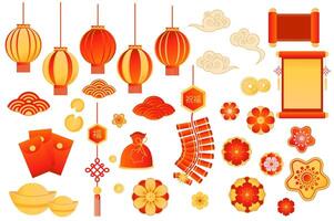 Chinese symbols mega set in flat design. Bundle elements of red and gold lanterns, clouds and waves, coins, manuscripts, cookies, envelopes and flowers. Vector illustration isolated graphic objects