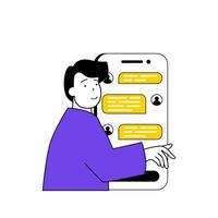 Contact us concept with cartoon people in flat design for web. Man chatting with clients in mobile app, connecting with customers. Vector illustration for social media banner, marketing material.