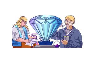 Research and analysis concept with people scene in flat cartoon design for web. Scientists examine diamond, working in laboratory. Vector illustration for social media banner, marketing material.