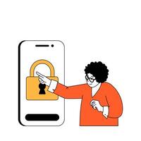 Cyber security concept with cartoon people in flat design for web. Woman using protective padlock password for unlocking mobile phone. Vector illustration for social media banner, marketing material.