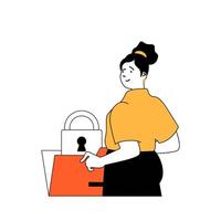 Cyber security concept with cartoon people in flat design for web. Woman using protective digital padlock for saving data folder. Vector illustration for social media banner, marketing material.