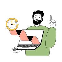 Time management concept with cartoon people in flat design for web. Man works in workflow at laptop with countdown clock to deadline. Vector illustration for social media banner, marketing material.