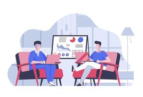 Teamwork concept with cartoon people in flat design for web. Employees working at laptop and discussing chart report presentation. Vector illustration for social media banner, marketing material.