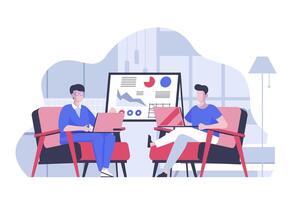 Teamwork concept with cartoon people in flat design for web. Employees working at laptop and discussing chart report presentation. Vector illustration for social media banner, marketing material.