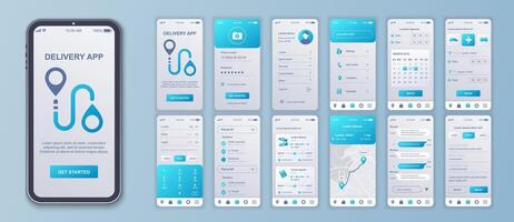 Delivery mobile app interface screens template set. Account login, logistic company services, calendar, parcel calculate, tracking. Pack of UI, UX, GUI kit for application web layout. Vector design.