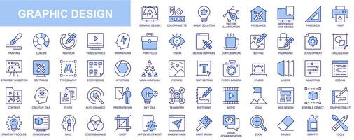 Graphic design web icons set in blue line design. Pack of color palette, solution, freelance, print, painting, video service, brainstorming, portfolio, editing, other. Vector outline stroke pictograms