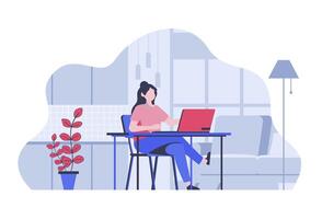 App development concept with cartoon people in flat design for web. Woman creating software and mobile applications working at laptop. Vector illustration for social media banner, marketing material.