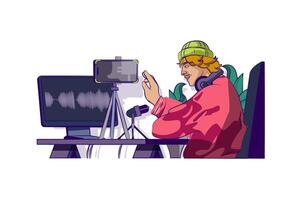 Video communication concept with people scene in flat cartoon design for web. Man calling by video zoom using computer and microphone. Vector illustration for social media banner, marketing material.