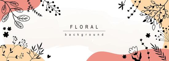 Floral horizontal web banner. Abstract black outline wildflowers, blooming flowers, twigs and herbs on decorative background. Vector illustration for header website, cover templates in modern design