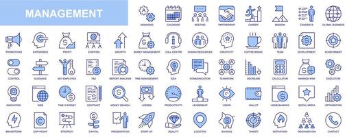 Management web icons set in blue line design. Pack of meeting, partnership, career, mission, global business, promotion, experiment, profit, staff productivity, other. Vector outline stroke pictograms