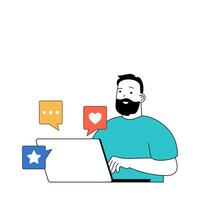 Social media concept with cartoon people in flat design for web. Man networking and chatting, sending messages, commenting and likes. Vector illustration for social media banner, marketing material.